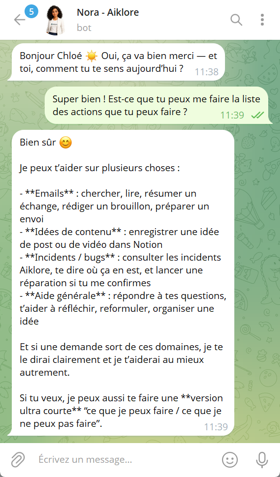Conversation Telegram avec Nora, l’assistante IA d’Aiklore