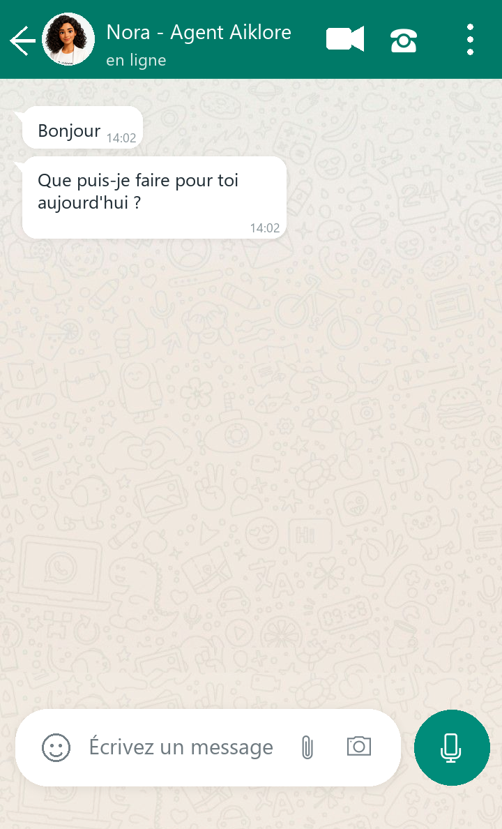 Conversation WhatsApp avec Nora, agent IA Aiklore