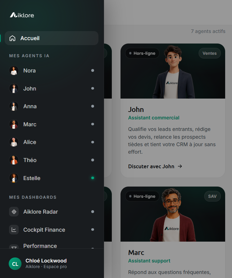 Plateforme Aiklore : agents IA et tableaux de bord réunis dans un même espace
