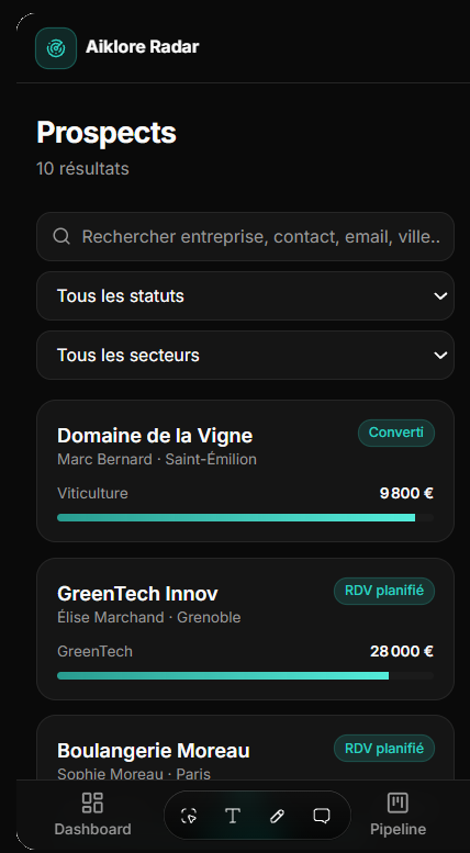 Aiklore Radar — tableau de bord des prospects